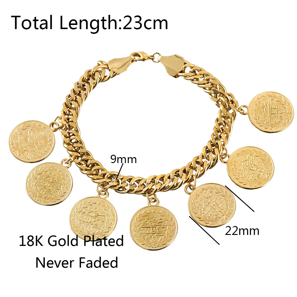 Arab Allah Jewelry Length 23CM/Turkey Coin Bracelet for Women Gold Color Turks Simgesi Osmanli Turasi Muslim Islam Bangles