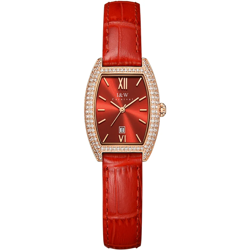 

Relogio Feminino Switzerland I&W Luxury Red Women's Wristwatch Sapphire Calendar Waterproof Leather Band Diamond Watch For Women