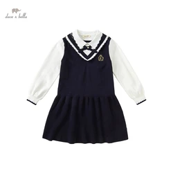 DKY19667 dave bella autumn girl's fashion letter solid  print draped dress children sweet dress kids infant lolita clothes