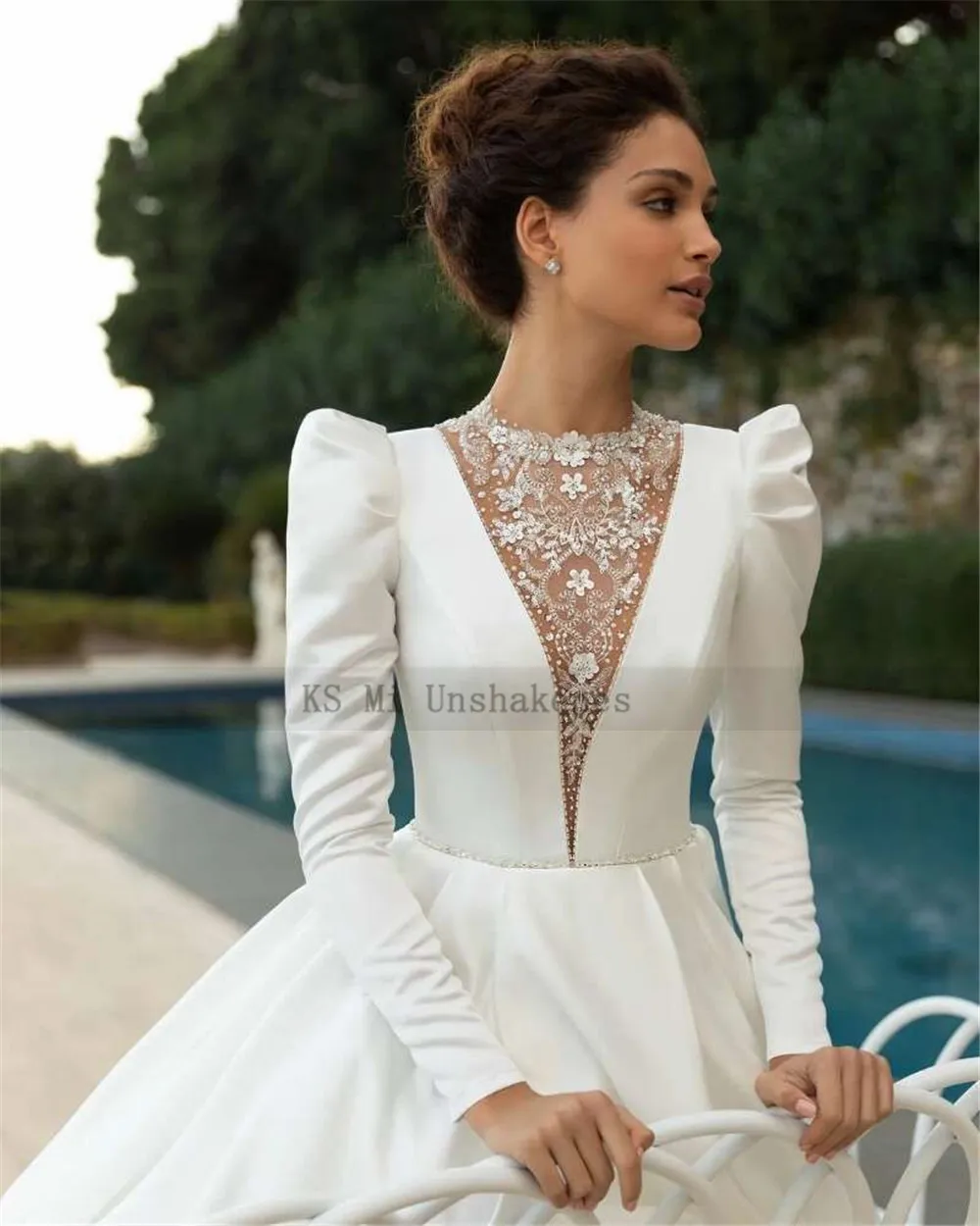 Haute-vestido de novia musulmán de satén, prenda de vestir de manga larga, estilo Vintage de princesa, con cuentas, cuello alto, Turquía