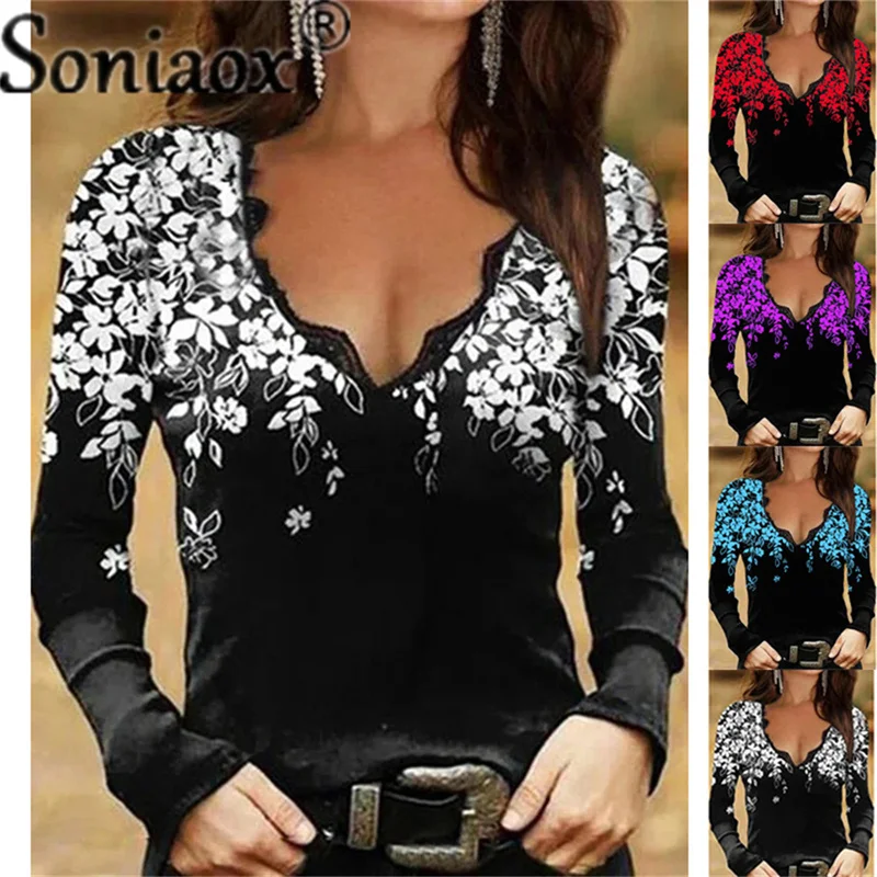 2021 Autumn New Women Sexy Lace V Neck Shirts Tops Floral Print Long-Sleeve T-Shirt Fashion Ladies Casual Loose Street Clothing
