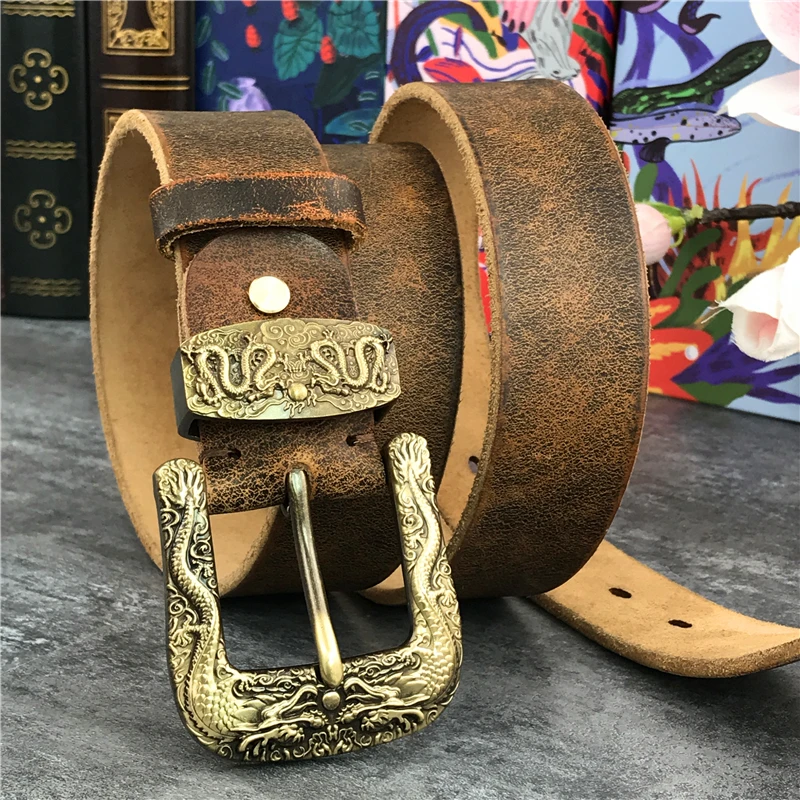 Chinese Dragon Cowboy Brass Belt Buckle Men\' Belt Ceinture Homme Yellow Belt Male Wide Jeans Men Leather Belt Riem MBT0099