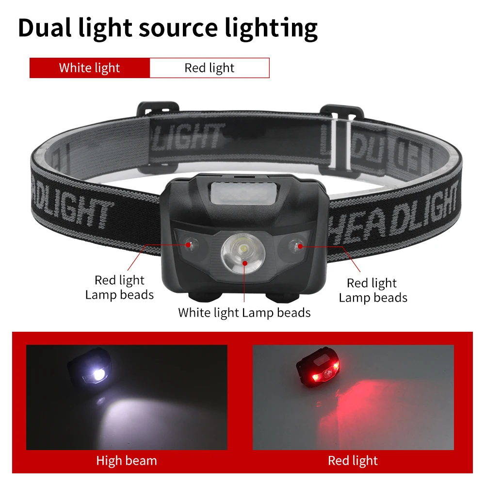 BORUiT Red Light LED Mini Headlight 300LM Headlight AAA Battery Waterproof Head Flashlight Camping Hunting Waterproof Flashlight