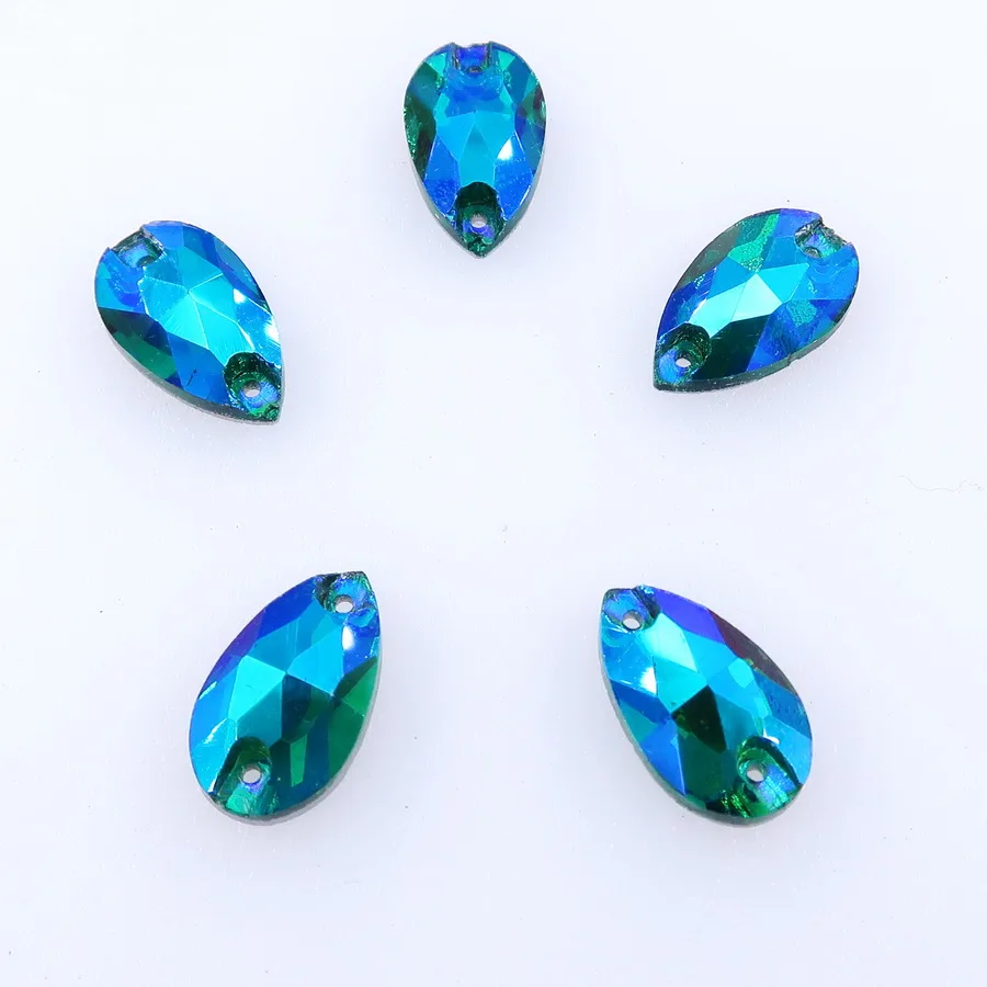 AB Farben Schlanke Wassertropfenform Glaskristalle mit Flacher Rückseite Zwei Löcher 5 Größen Kristalle zum Aufnähen auf Kleidung Schuhe Hochzeitskleid DIY – Detail 7