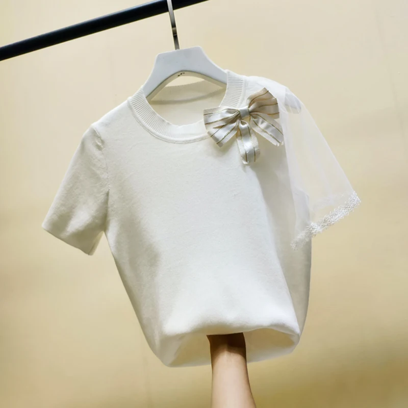 Camisetas De Mujer Bow Knitted  T Shirt Women Mesh Patchwork Short Sleeve T Shirts Woman Clothes New 2022 Summer Tops Tee Shirt