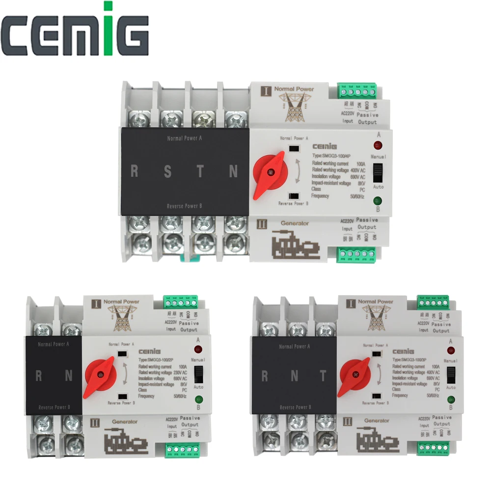 Cemig ATS Dual Power Automatic Transfer Switch 2P/3P/4P 100A Millisecond Switching Without Interruption  35mm Rail Installation