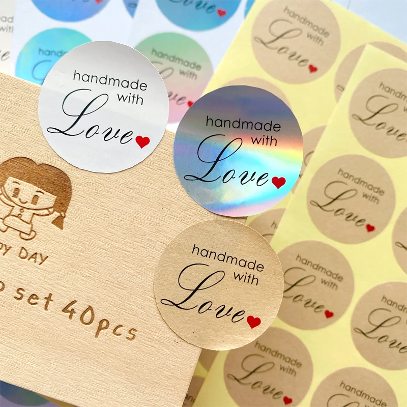 100Pcs 3.5CM Handmade with Love Red Hearts Decorative Stickers Waterproof Round Plain Silver DIY Labels
