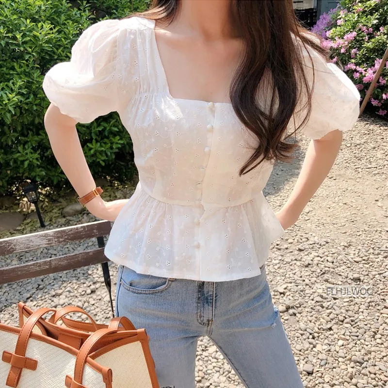 Embroidery Cute Chic Tops Hot Women Summer Korea Japan Style Design Slim Waist White Button Shirt Blouse Flhjlwoc Vintage