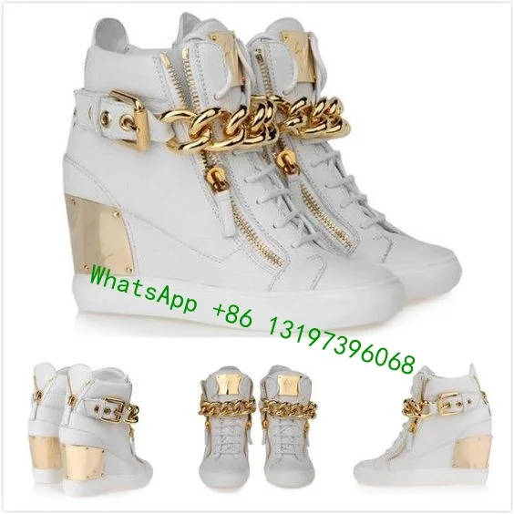 Ladies white wedge heel zip sneaker inner high metal chain decoration gold zipper mix color ankle boots footwear wlarge size 43