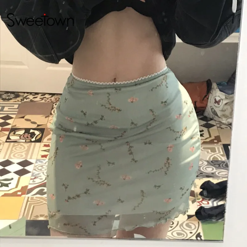 Sweetown 2000s Aesthetic Cute Mni Skirts Womens Double Layer Mesh Flower Print Kawaii Clothes Low Waist Slim Sexy Summer Skirt