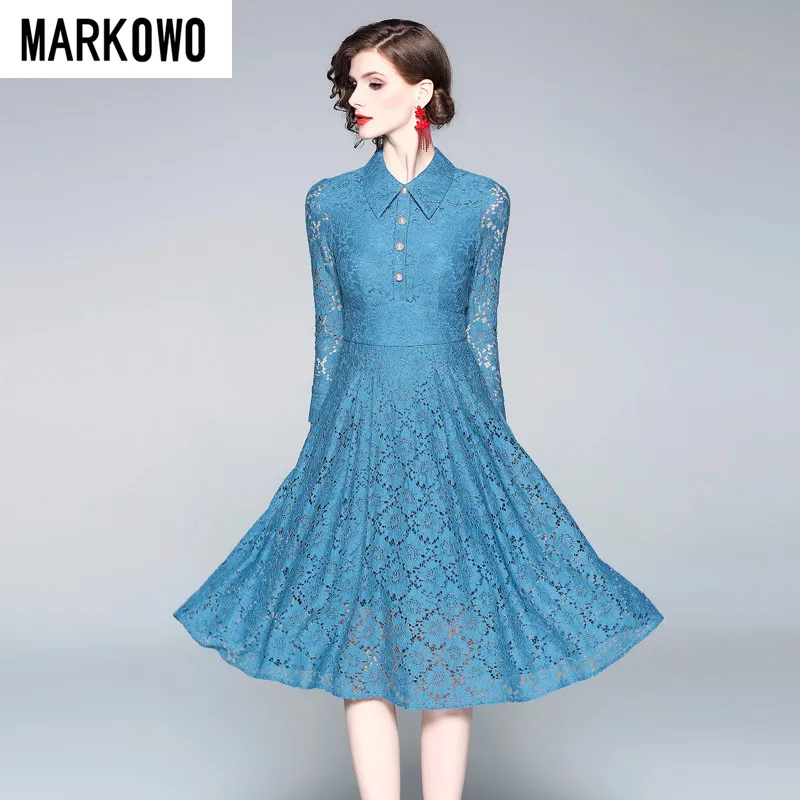 

MARKOWO Designer Brand 2022 new elegant temperament large lace dress female ladies lapel mid-length A-line skirt