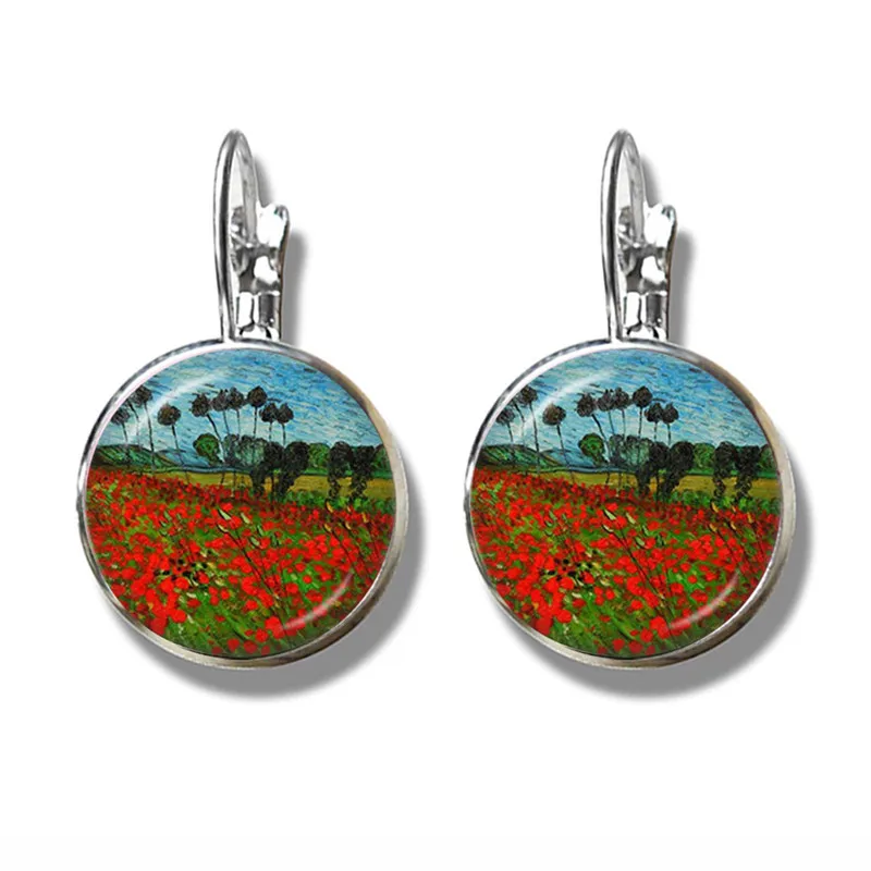 Van Gogh Sunflowers Art Vintage Solver-plated Earrings Glass Cabochon Dome Stud Earrings Jewelry For Women Girls Gift