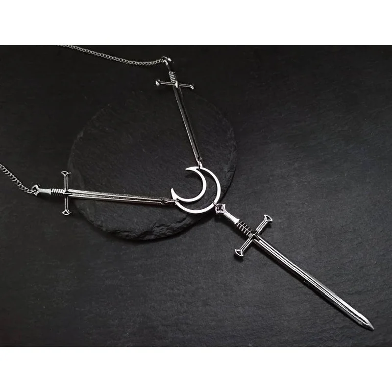 Gothic Crescent Sword Necklace Pendant The Sacred Sword Witch Punk Mystery Jewelry Party Rock Grunge Fashion Chain Women Gift