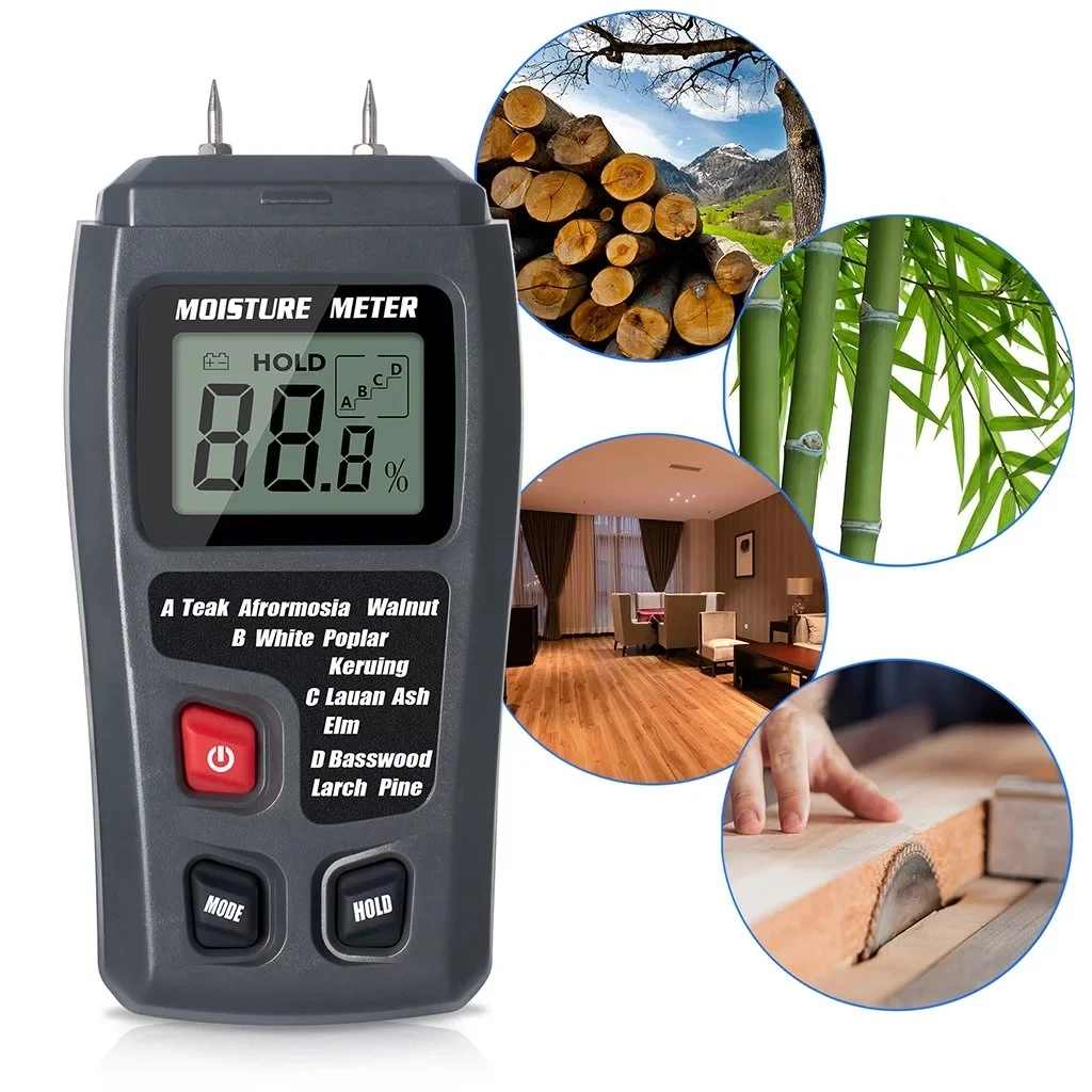 

0-99.9% Wood Humidity Tester Timber Damp Detector with Large LCD Display Two Pins Digital Wood Moisture Meter