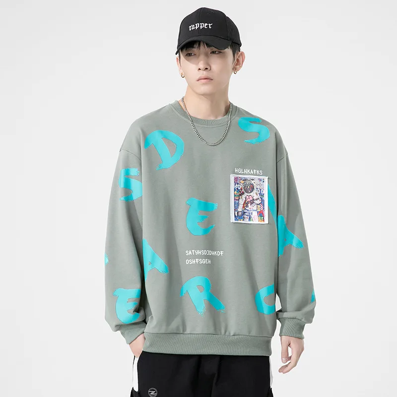 

2021 Autumn Winter New Korean Style Fashion Loose Printing Crew Neck Couple Long Sleeve Streetwear Men Sweatshirt Lounge Wear