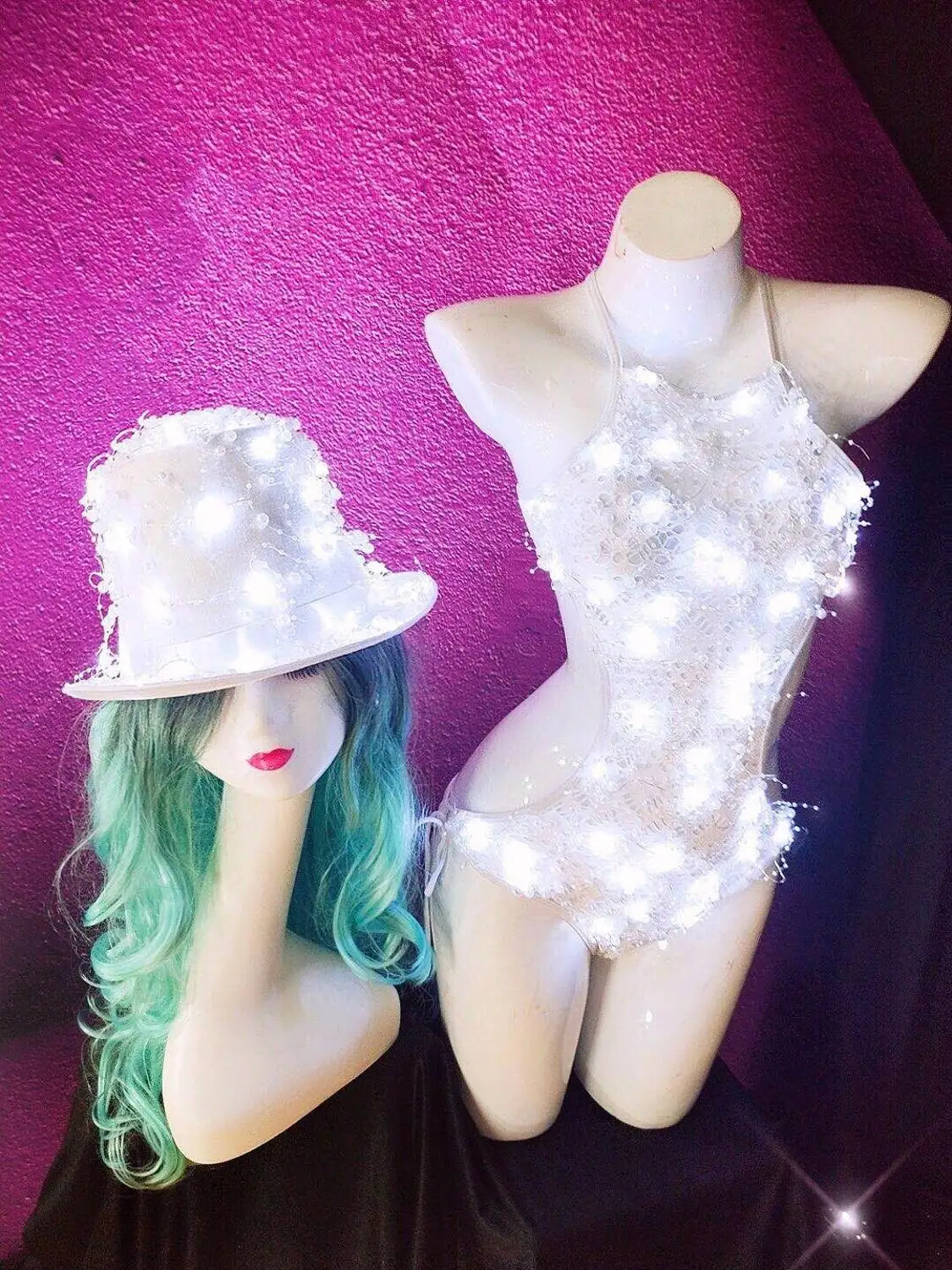 

Sexy led lumious costume stage gogo show white caps with bodysuit women singer clothing