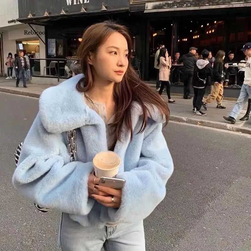 Women Winter Aqua Blue Big Lapel Hairy Shaggy Faux Rabbit Fur Jackets Vintage Furry Oversized Coat Short Outerwear