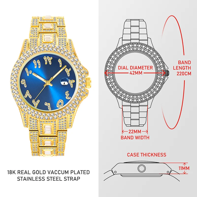 Luxe Golden Men Watch Auto Calendar Waterproof Couple Watches Royal Blue Dial With CZ Arabic Numbers Baguette Bracelet Timepiece
