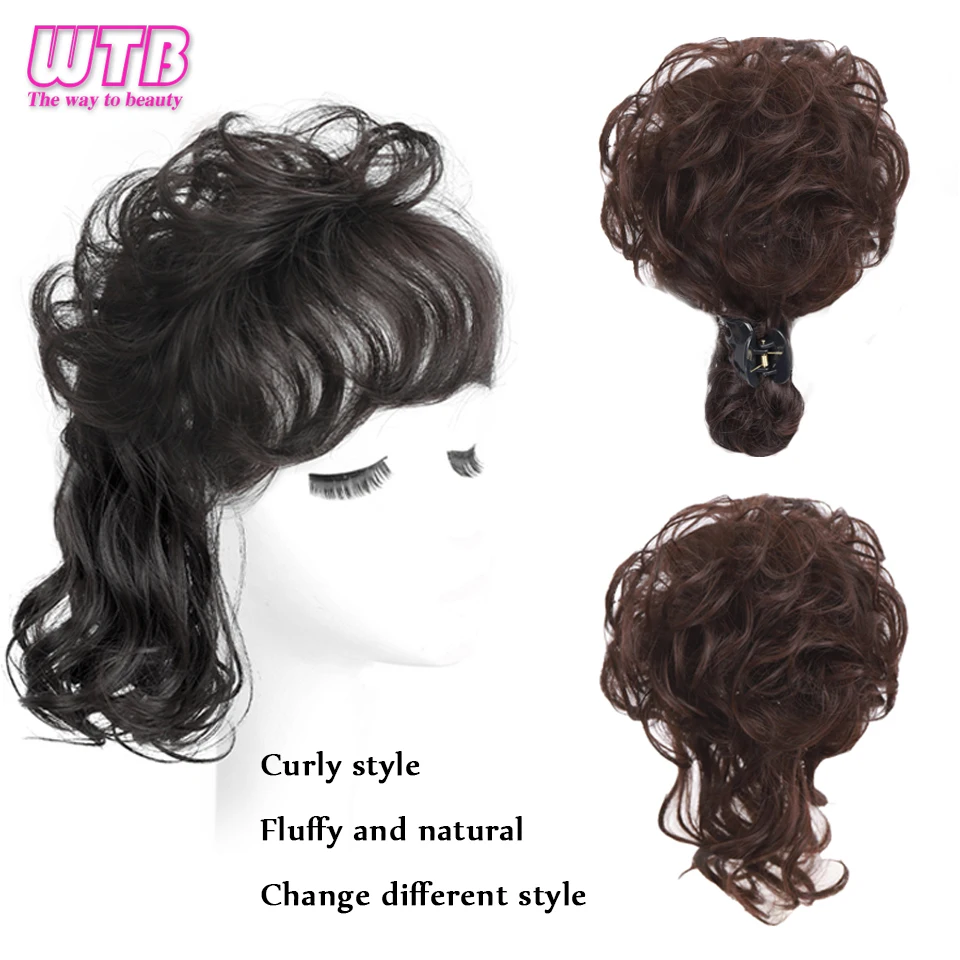 Clipe Curto Ondulado Na Extensão Do Cabelo Com Franja Para Mulheres, Capa De Substituição Sintética, Cabelo Branco, Preto, Marrom, Hairpieces