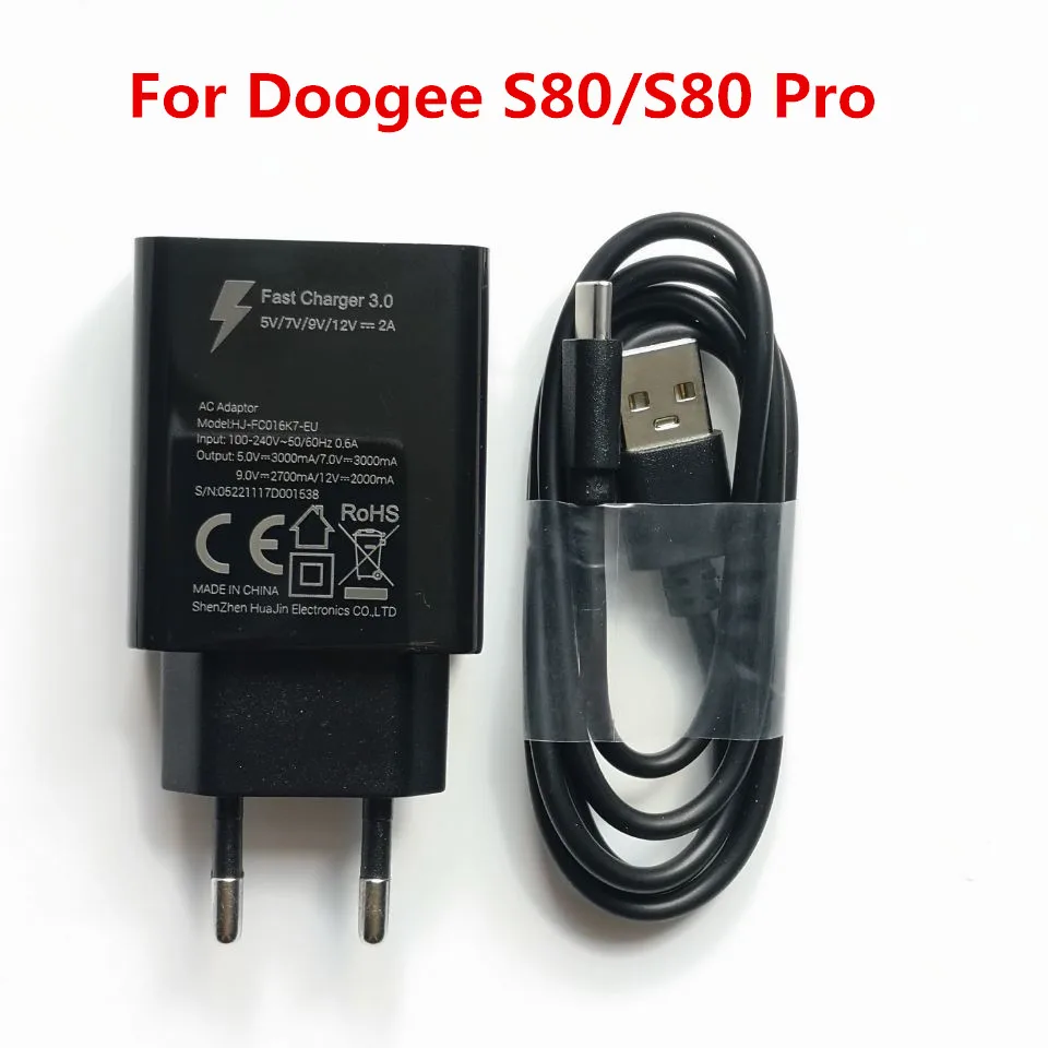 

Original DOOGEE S80/S80 Lite AC Adaptor Fast Charger Travel Charger EU Plug Adapter + USB Cable DC 12V 2A