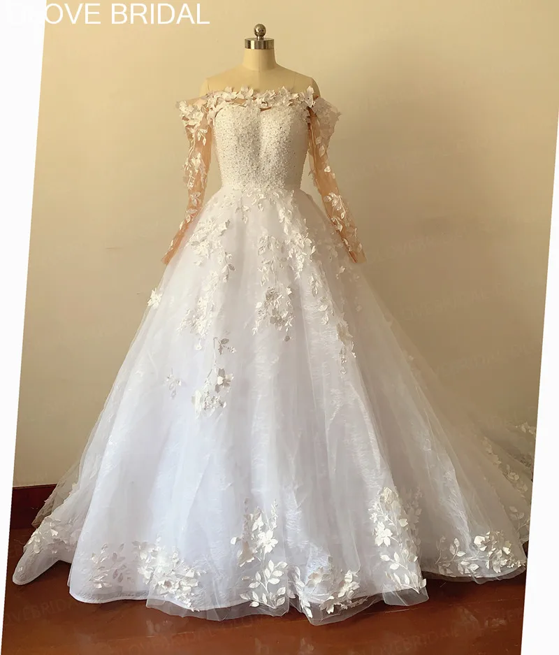 

Romantic 3D Flowers Ball Gown Wedding Dress Off the Shoulder Long Sleeves Bridal Gowns