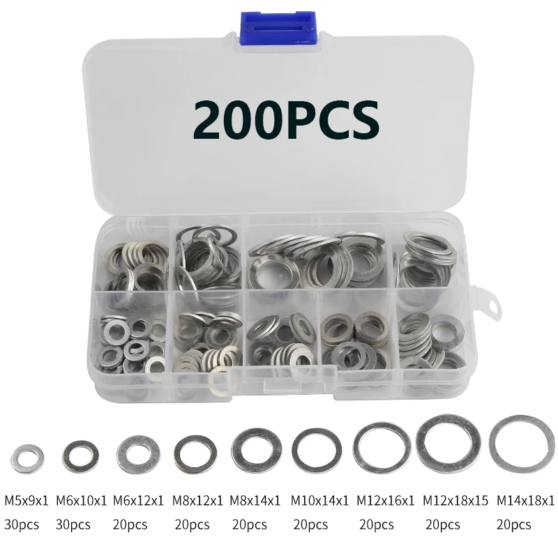 

200pcs Mix Aluminum Gaskets Washers Aluminum Flat Metal Sealing Rings Assorted Set M5 M6 M8 M10 M12 M14