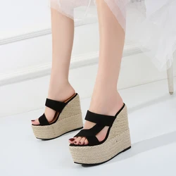 Slippers women summer Outside Wearing 15cm Super High-heeled Beach Holiday platform shoes Wedges Womens Sandals