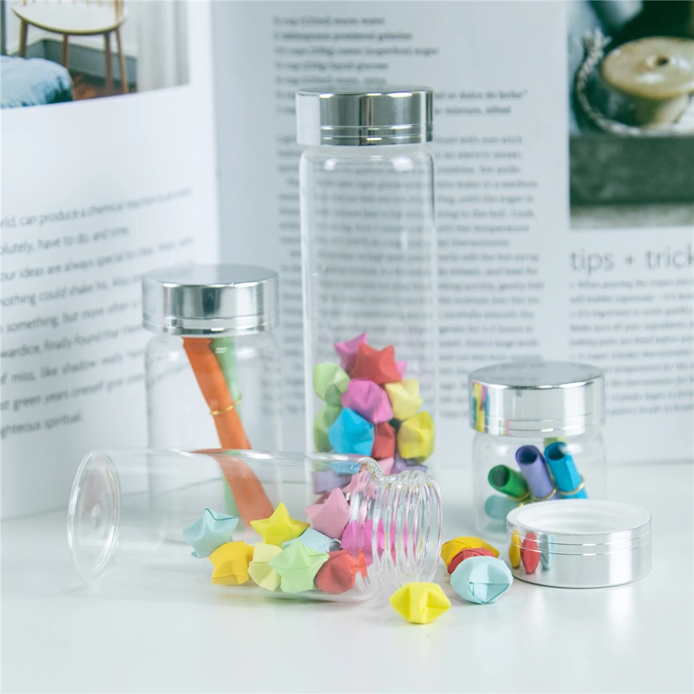 6Pcs 20ml 50ml 65ml 90ml Clear Glass Container have Screw Plastic Lid with Silver Tangent Simple Cute Reusable Craft Vials