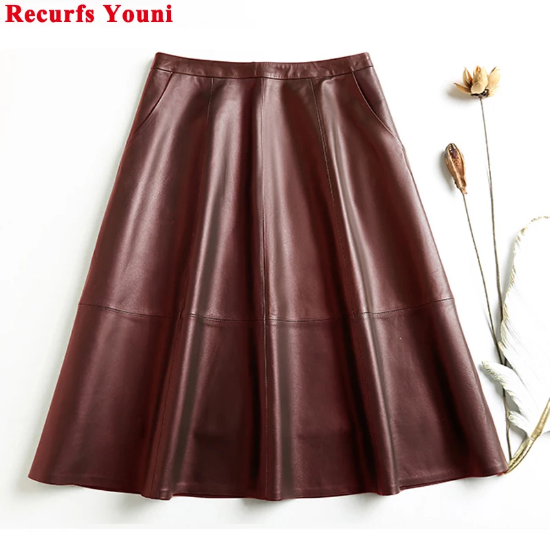 Vintage Ropa Winter Women Genuine Leather Thin A-line Pleated Skirts Femme Wine Red/Black 65cm Long Jupe Mujer Casual Etek Steet