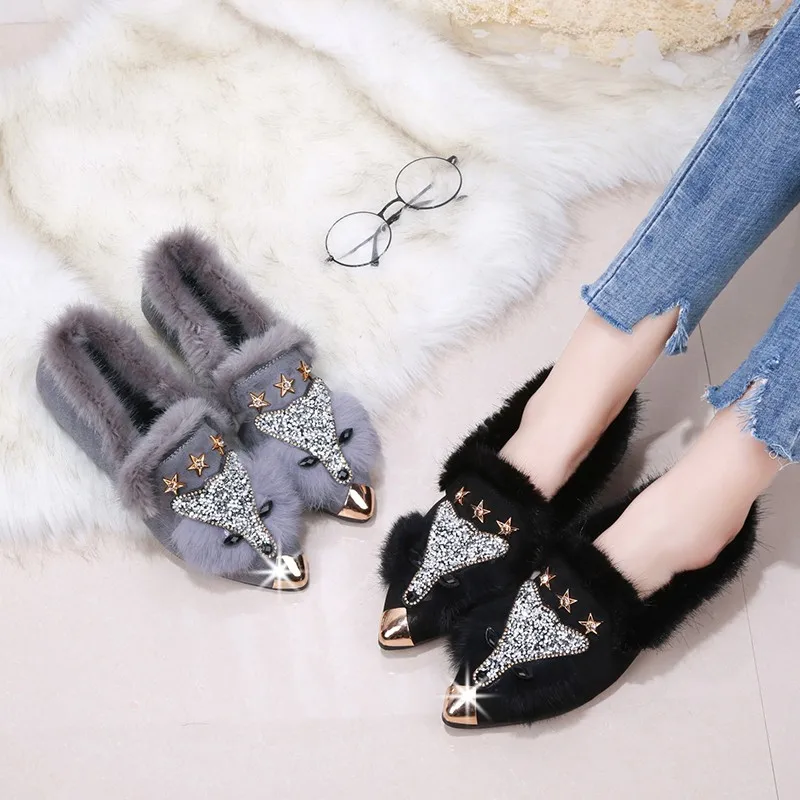 Plush Women Winter Flat Shoes Autumn and Winter Rhinestone Ladies Flat Casual Shoes Winter Fur Slip on Loafers