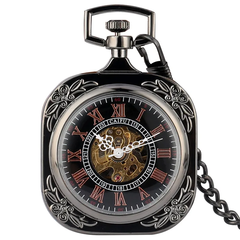 Vintage Clock Men Women Hand-winding Mechanical Skeleton Pocket Watch Roman Number Dial Square Case with Pendant Chain Gift