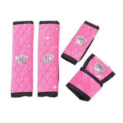 4PCS/Set Crystal Soft Plush Car Hand Brake Cover Gear Shift Knob Cover Auto Seat Belt Covers Diamond Crown Decor Pink Black