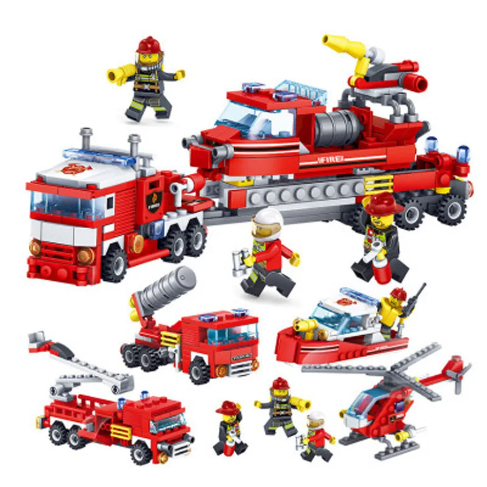 4in1 Fire Fighting Trucks Car Helicopter Boat Child Toys 348pcs Bricks Assembling Blocks Compatible City Firefighter Toys I0305