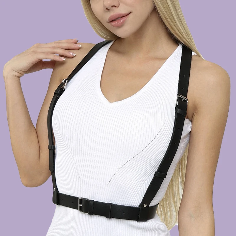 

Punk Black Leather Wide Belt Women Sexy Body Harness Chest Crop Top Cupless Harness Bra Straps Bondage Lingerie Belt Fetish