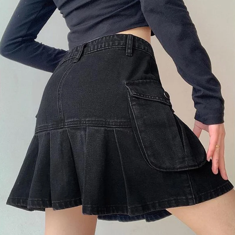 Saias femininas dobras denim mini sexy kawaii streetwear estilo coreano chique casual a linha do vintage moda harajuku doce meninas