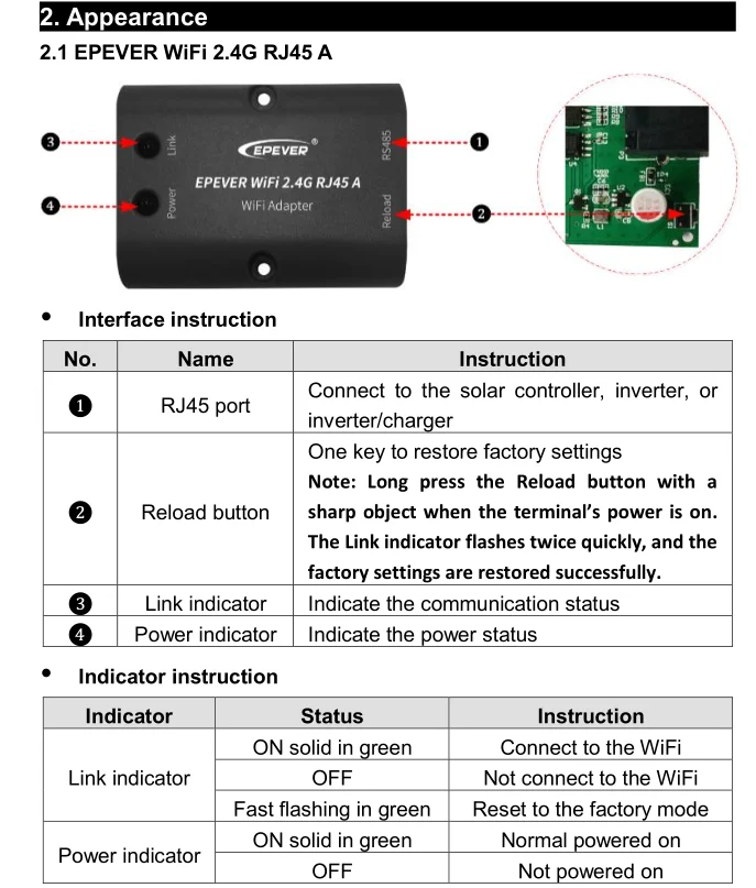 EPEVERWIFI2.4GRJ45D WIFI Box Bluetooth box Mobile Phone APP for EPEVER Solar Controller Communication MT50 remot