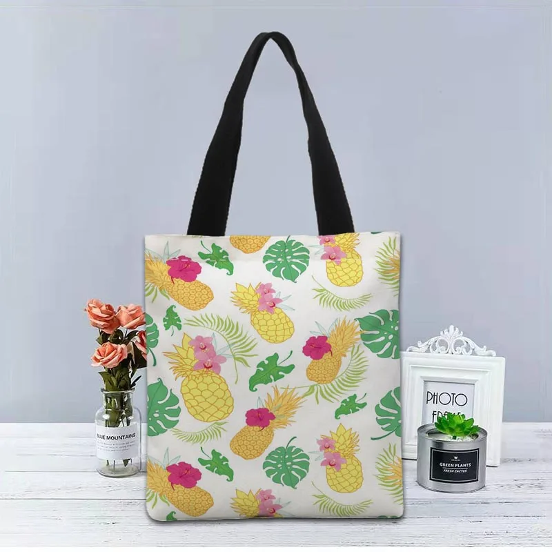 Bolso de mano de piña personalizado, bolso de tela de lona, bolsas de compras impresas de dos lados, bolso de hombro útil informal de viaje 1208