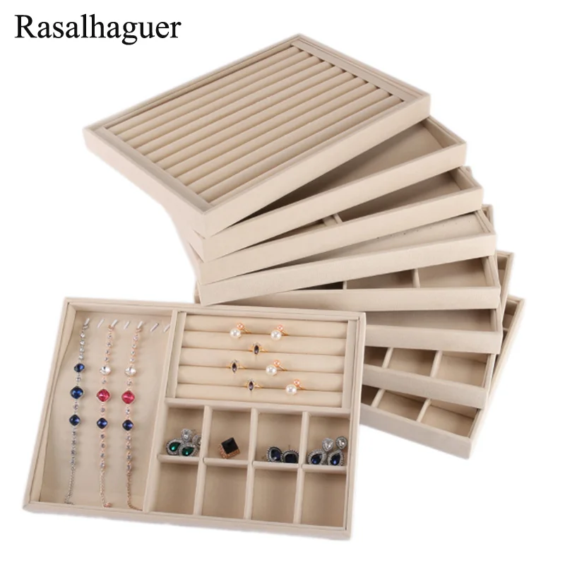 Beige Velvet Jewelry Case Jewellery Organizer Storage Box Watch Holder Necklaces Rings Earrings Pendants For Women Stand Series