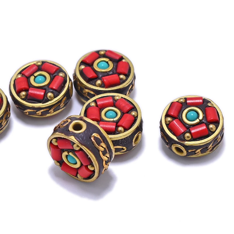 TZ-F Handmade Nepalese Buddhist Tibetan Brass Metal & Clay Loose Craft Beads for Necklace Jewelry Making DIY