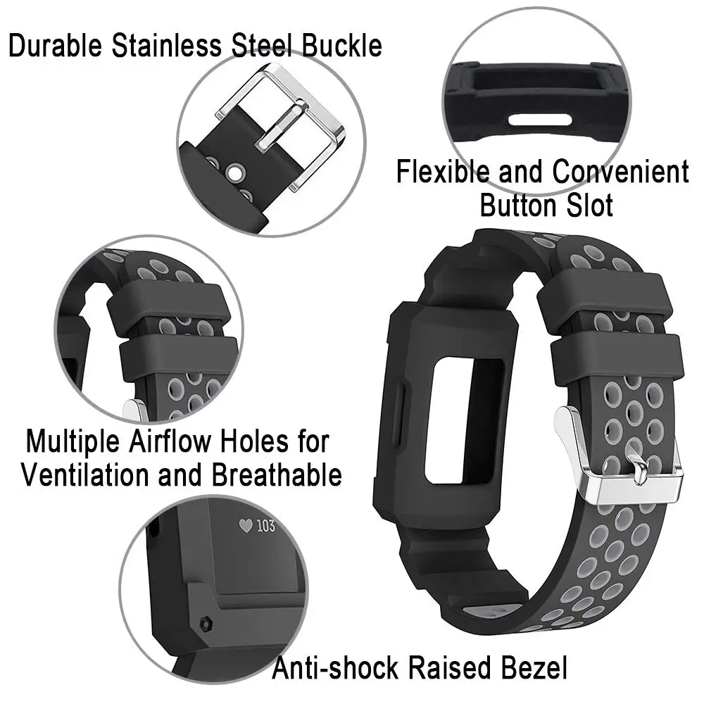 Compatible Fitbit Charge 3/4 Straps with Case, Silicone Breathable Bands with Shatter-Resistant Bumper Protective Frame