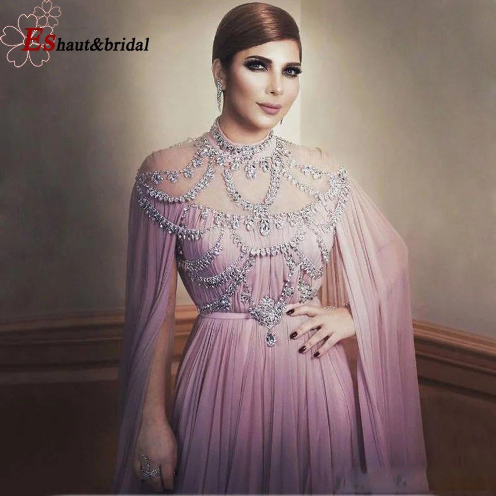 Elegant Dubai Chiffon Evening Night Dresses 2023 Aline Crystal Handmade High Neck Long Arabic Formal Wedding Prom Party Gowns