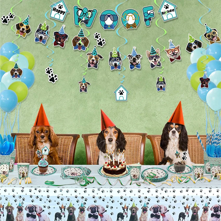 The New Pet Dog Theme Party Paper Cups Paper Plates Pull Flag Birthday Banquet Tableware Adornment Tablecloth Children\'s Day 358