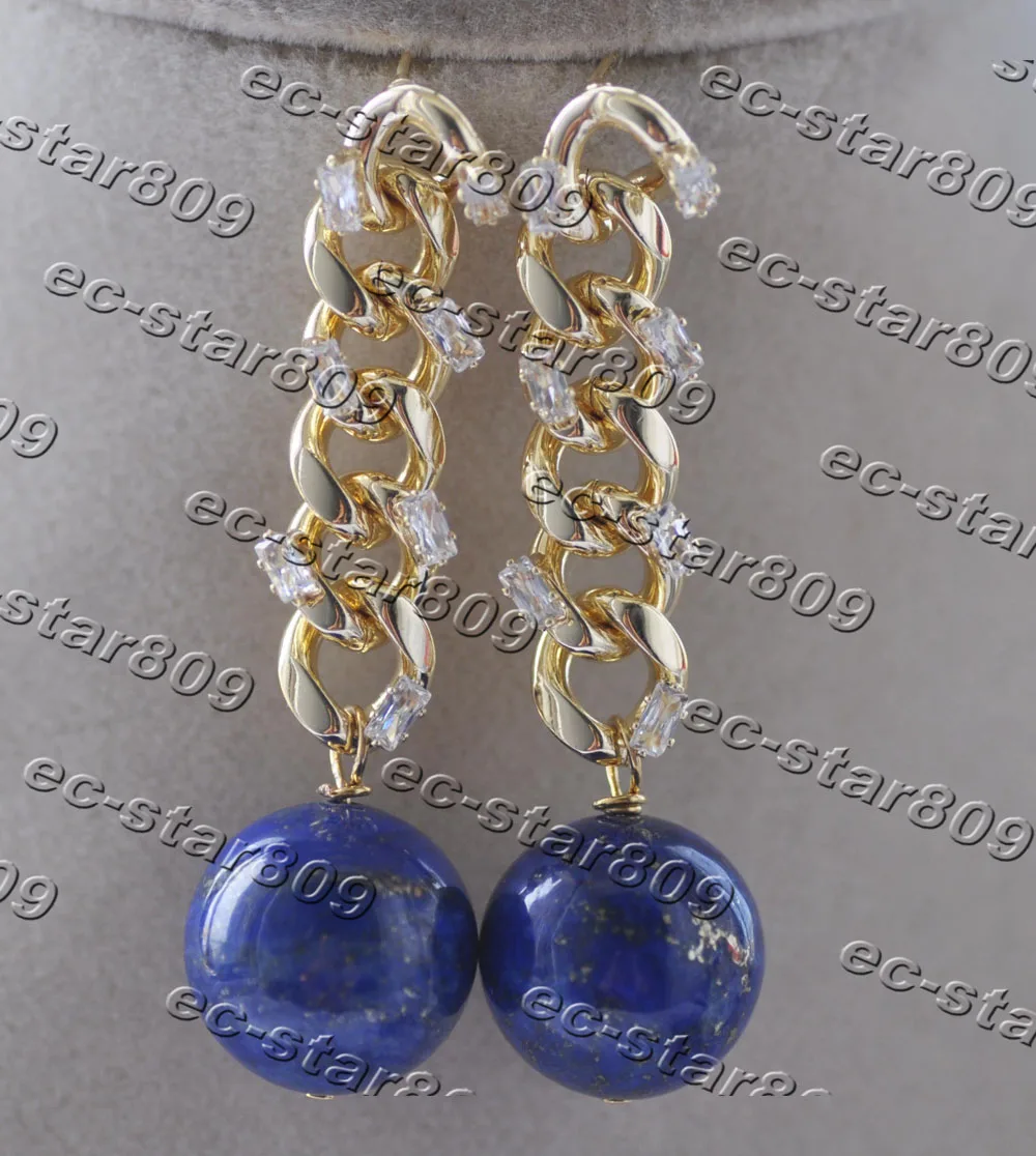 Z11262 16mm Blue Round Lapis Lazuli Gold-Plating Chain Dangle Earring CZ  Woman Fine Jewelry