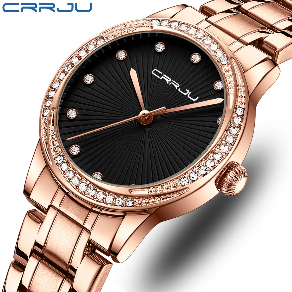 

New CRRJU Rose Gold Women Watch Japan Movement Quartz Waterproof Wristwatches Female Round Dial Stain Steel Band Fashion Clock