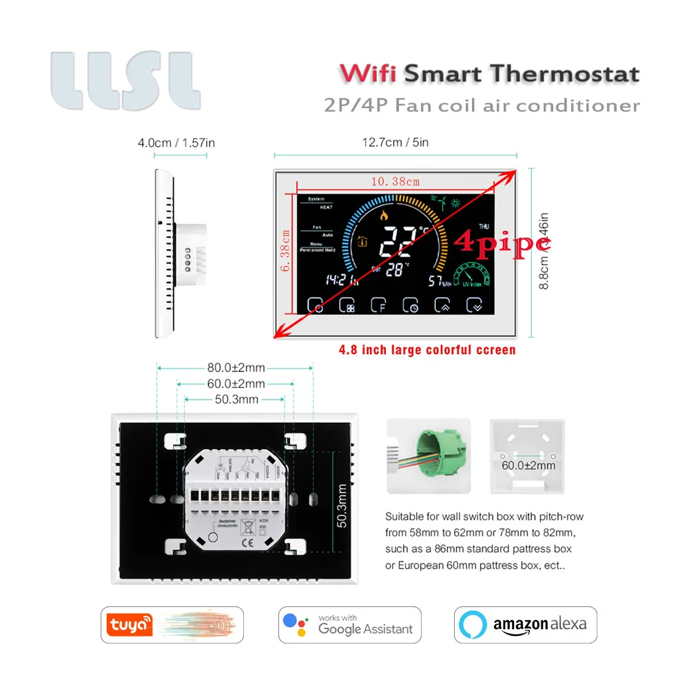 インテリジェントサーモスタット,wifi,2p/4p,ファンコイル,レギュレーター95-240vac,加熱/クール用