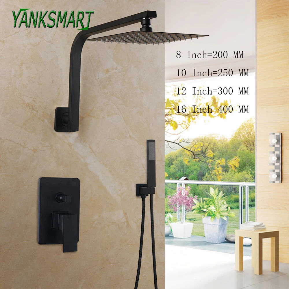 YANKSMART Bathroom Matte Black 8''10''12''16'' Wall Mounted Shower Set Square Waterfall Faucet Cold & Hot Water Mixer Shower Tap