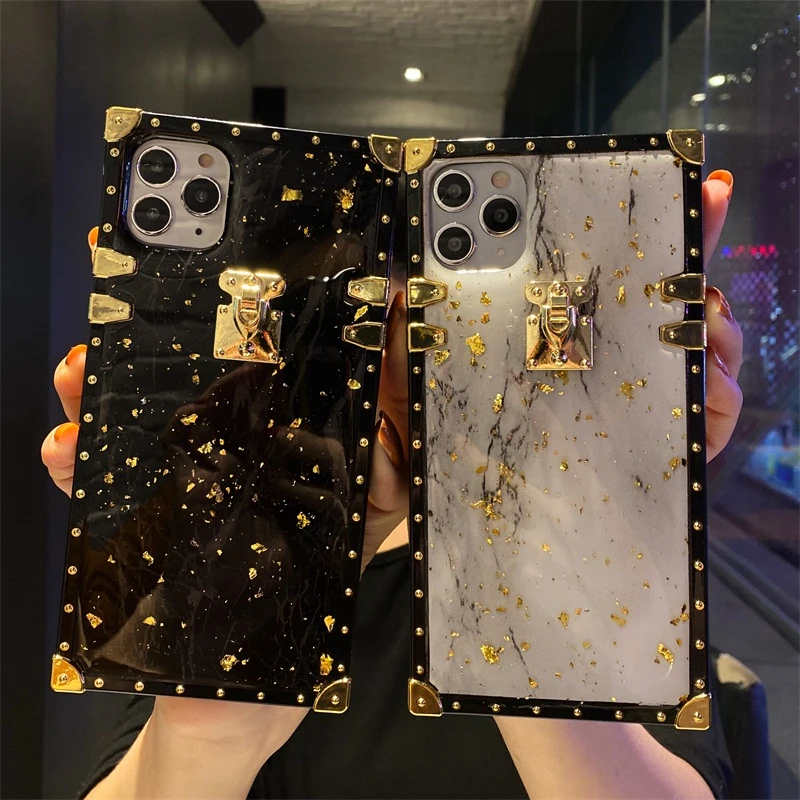 Luxury Bling Gold Foil Marble Square Phone Case For iPhone 11 6 7 8 Plus XR XS 13 14 15 pro Max mini Glitter Soft Cover For  12