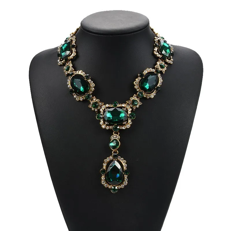 2024 New ZA Red Green Glass Crystal Gem Large Collar Choker Necklace Women Indian Ethnic Statement Big Bib Necklace Jewelry