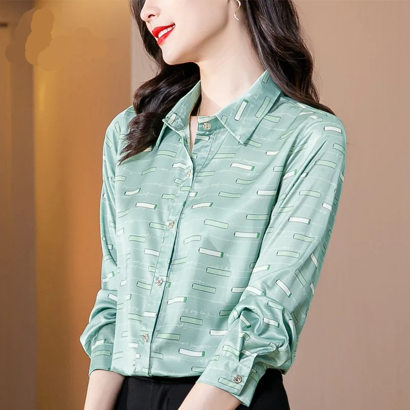 Casual Striped Shirts Women Satin Silk Blouse Elegant OL Office Ladies Green Print Work Shirt Fashion Female Tops Spring Autumn