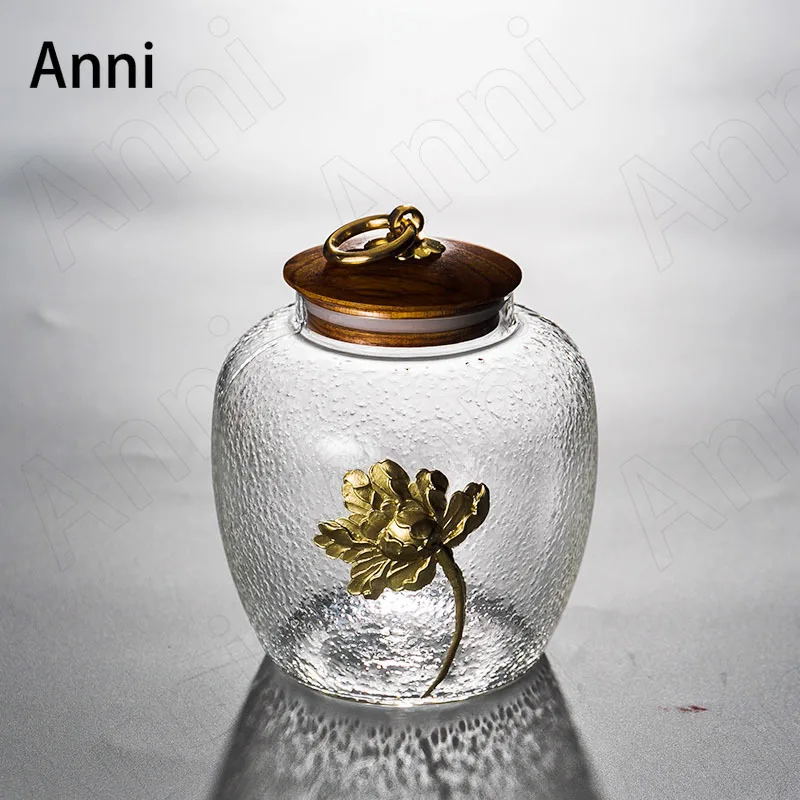 

Creative Outline In Gold Tea Storage Chinese Flowered Glass Sealed Tea Leaves Storage Tank Solid Wood Lid Coffee Table Ornaments